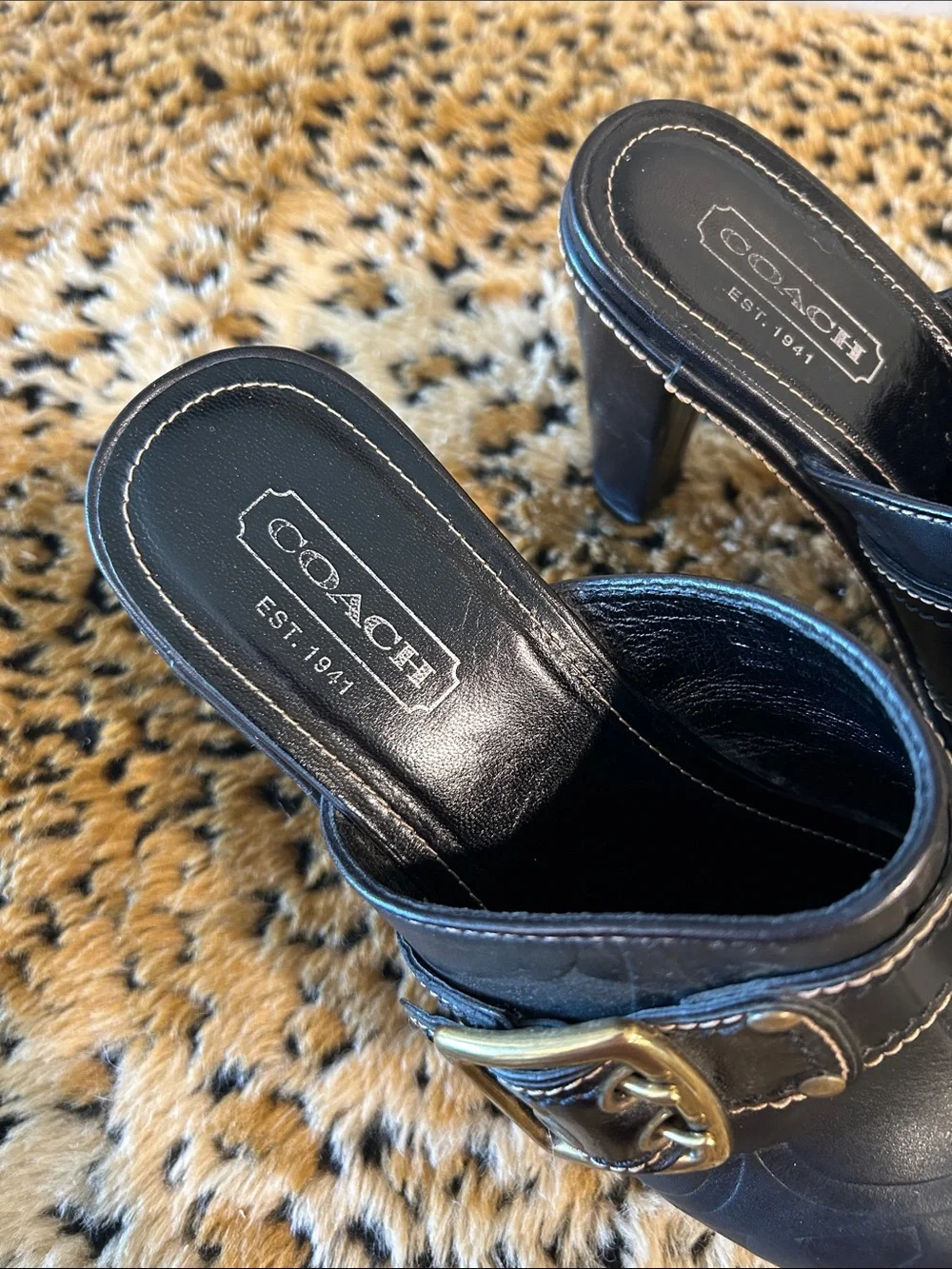 Coach Black Leather Buckle Clog Heels